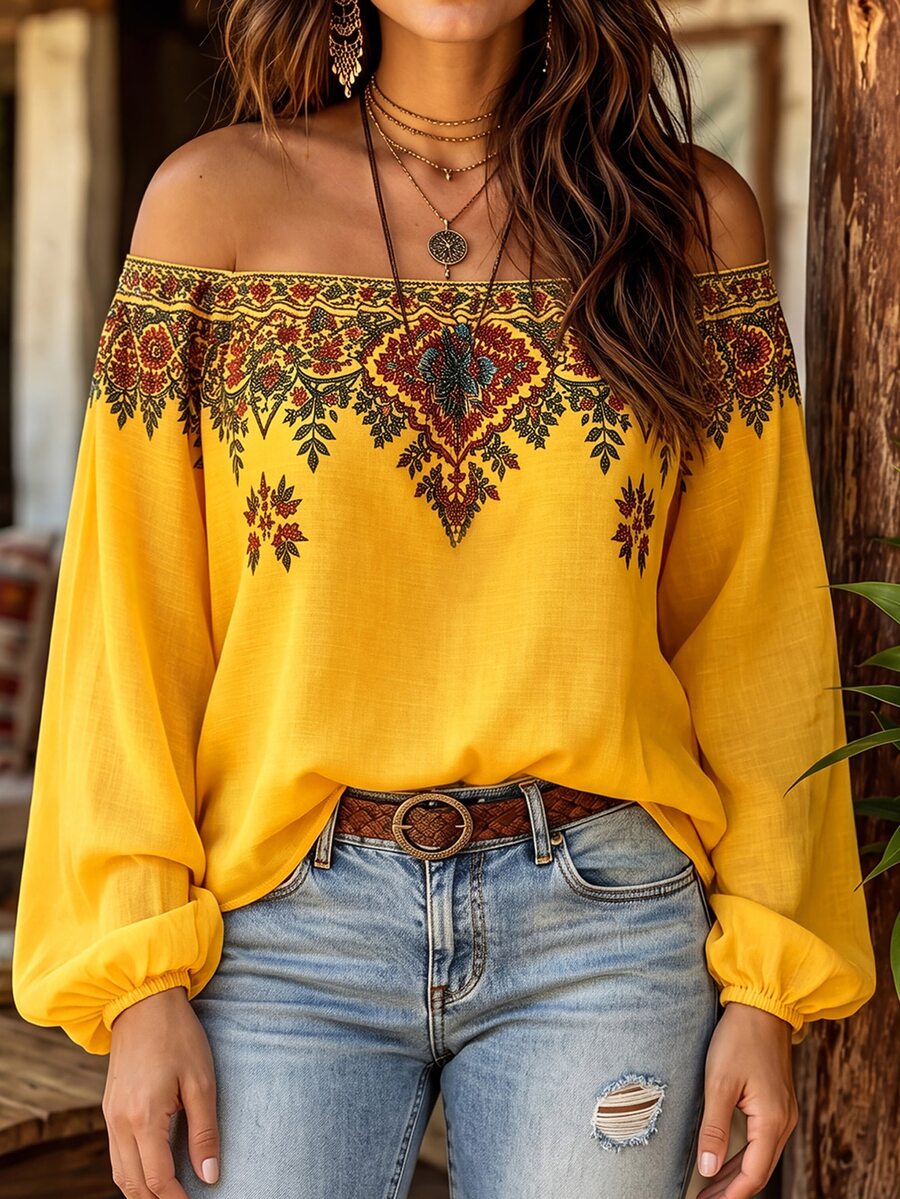Linhara CURVE Women's Plus Size Off-Shoulder Printed Long Sleeve Blouse, Casual Commute Pastoral Top, Autumn/Winter Shirt Fall - Yellow - View 1