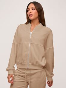SHEIN BASICS 休閒純色針織立領長袖寬鬆女款夾克 秋冬服飾 - 杏色 - 查看 4