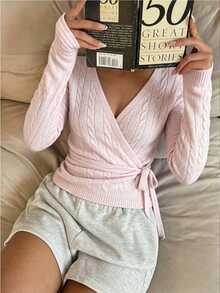 Autumina Pink Cable Knit V-Neck Tie-Front Fashion Simple Versatile Commute Elegant Cardigan For Women - Baby Pink - View 3
