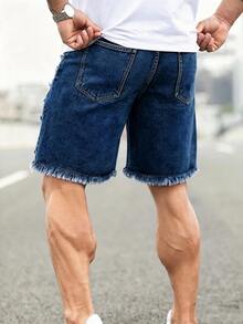 Slateforde Loose Fit Men's Cotton Ripped Frayed Raw Trim Denim Shorts - Dark Wash - View 2
