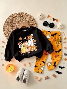 Oo Cute To Spook 嬰兒女童萬聖節套裝，可愛幽靈與南瓜印花衛衣與蜘蛛網圖案內搭褲套裝（2件組），秋季服飾系列 - 彩色 - 查看 3
