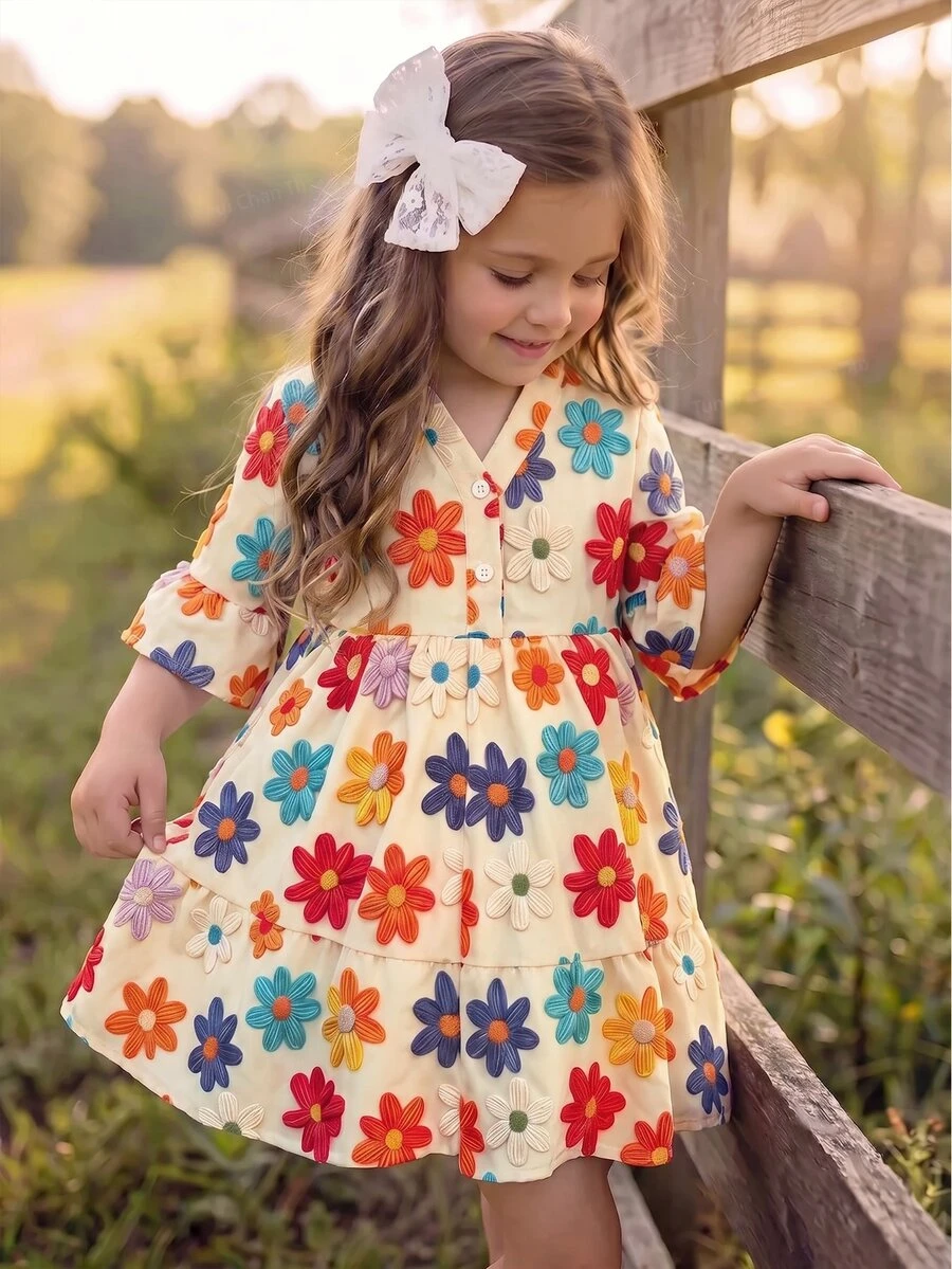 Emery Rose Kids Emery Rose Kids 少女編織立領花卉休閒洋裝