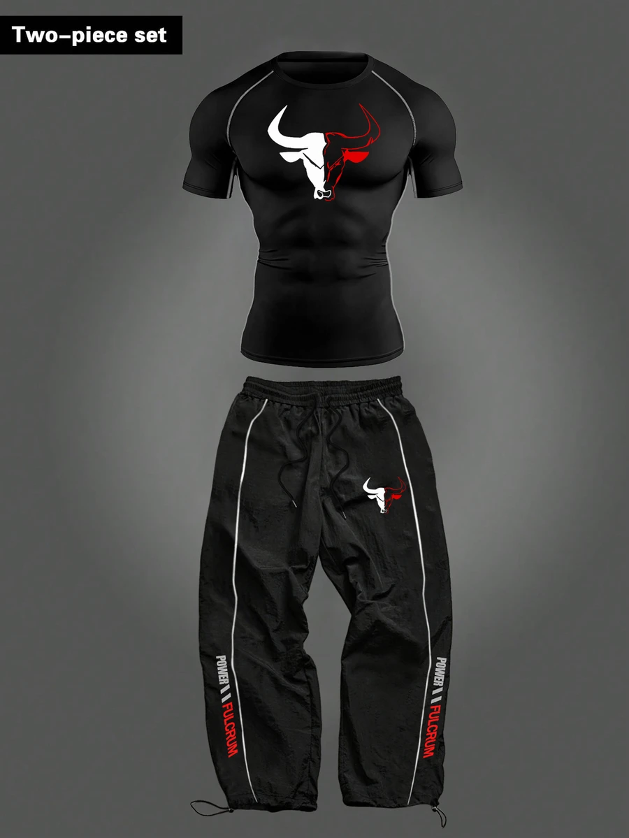 RISE LYT Men's Twisted Print Raglan Short Sleeve T-Shirt And Long Pants Sports Set - Black - View 1