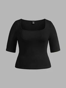 SHEIN BASICS 3件裝休閒純色針織方領短袖修身大尺碼T恤 - 彩色 - 查看 6