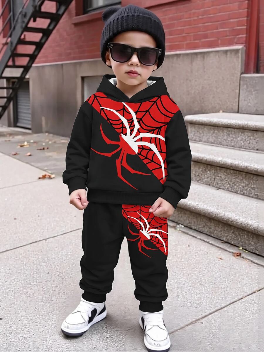 男童休閒極簡寬鬆運動連帽衫與長褲兩件套,長袖,適合秋冬,經典酷炫蜘蛛圖案印花,酷炫蜘蛛網圖案印花 - 彩色 - 查看 1