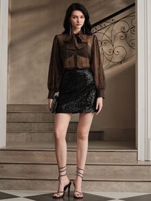 Anewsta Blus lengan panjang model puff semi-transparan warna cokelat kopi untuk musim gugur, dilengkapi tali pengikat dan pita, cocok untuk kencan, pesta, acara kumpul-kumpul, dan pemakaian sehari-hari untuk wanita. - Coklat - View 3