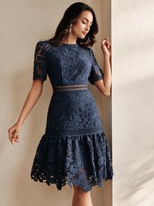 Anewsta New Party Summer Vacation Outfit Round Neck Short Sleeve Hollow Patchwork A-Line Skirt Exquisite Water-Soluble Lace Holiday Gathering Afternoon Tea Elegant Women's Dress - Navy Blue - View 6