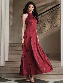 Anewsta Affair Retro Elegant Queen Halter Neck Cold Shoulder Long Dress, Matte Satin Sequin Embroidered Sleeveless Floral Waist-Cinching Wedding - Red Violet - View 1