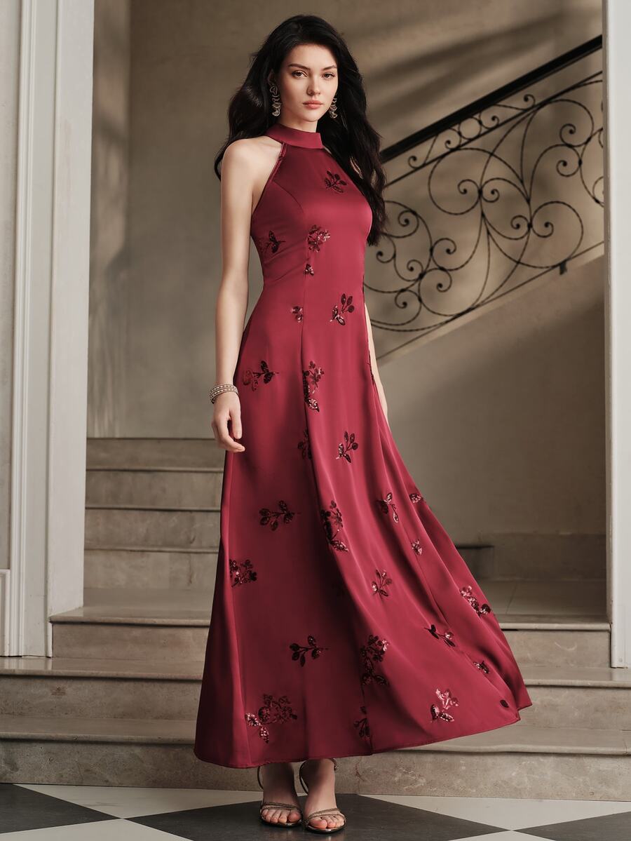 Anewsta Affair Retro Elegant Queen Halter Neck Cold Shoulder Long Dress, Matte Satin Sequin Embroidered Sleeveless Floral Waist-Cinching Wedding - Red Violet - View 1