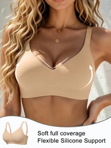 SHEIN 1件女款極簡舒適無縫果凍膠無鋼圈可拆式胸墊內衣 - 杏色 - 查看 4