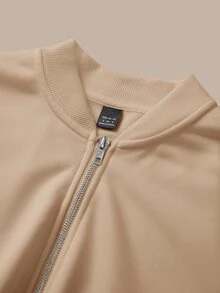 SHEIN BASICS 休閒純色針織立領長袖寬鬆女款夾克 秋冬服飾 - 杏色 - 查看 9