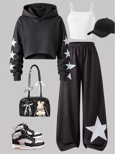 Conjunto de primavera y otoño para adolescentes, top con capucha de manga larga con cremallera de punto de fibra de poliéster gris, camiseta blanca de tirantes, pantalones largos de cintura elástica con estampado de goma de patrón de estrellas, para uso casual, vacaciones, deportes al aire libre, desplazamientos y fiestas en el campus