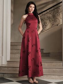 Anewsta Affair Retro Elegant Queen Halter Neck Cold Shoulder Long Dress, Matte Satin Sequin Embroidered Sleeveless Floral Waist-Cinching Wedding - Red Violet - View 3