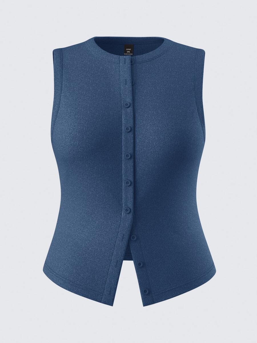 SHEIN BASICS 休閒純色針織修身大尺碼背心 - 霧霾藍 - 查看 1