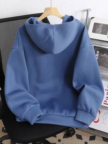 SHEIN 青少年女孩秋冬抓絨內裡極簡時尚3D壓花連帽長袖衛衣，適合返校日常穿著 - 霧霾藍 - 查看 2