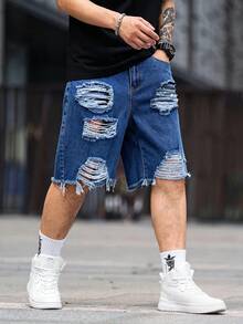 Manfinity LEGND Men's Summer Casual Washed Distressed Denim Shorts - Medium Wash - View 4