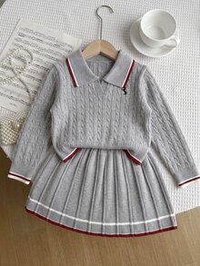 SHEIN Girls' Autumn Preppy Embroidered Turn-Down Collar Cable Knit Sweater & Contrast Trim Pleated Skirt 2 Pieces Set - Light Grey - View 8