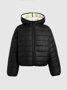 SHEIN 青少年女孩黑色冬季抓絨內裡連帽前開襟拉鍊加厚夾棉外套 - 黑色 - 查看 3