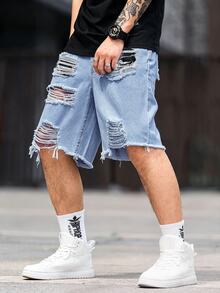 Manfinity LEGND Men's Summer Casual Washed Distressed Denim Shorts - Light Wash - View 5