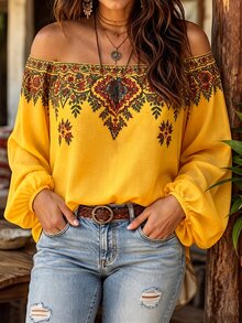 Linhara CURVE Women's Plus Size Off-Shoulder Printed Long Sleeve Blouse, Casual Commute Pastoral Top, Autumn/Winter Shirt Fall - Yellow - View 4