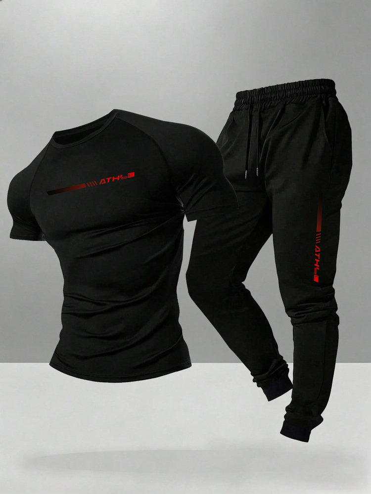 Gym Rark Men's Short Sleeve T-Shirt And Long Pants Sports Set - Black - View 1