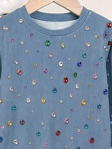 SHEIN Casuvi Kids Tween女孩春/秋長袖上衣與喇叭褲2件套，淺牛仔藍全身上飾彩色水鑽，牛仔效果柔軟面料，搭配鬆緊腰喇叭褲，甜美酷感精緻少女風套裝，適合日常穿著、學校活動與假期 - 彩色 - 查看 4