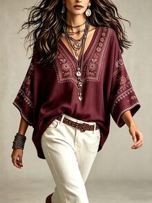 NostaNoir 波希米亞風仿刺繡花卉印花女款上衣，寬鬆V領蝙蝠袖七分袖修身上衣，休閒度假旅行襯衫，適合鄉村與海灘 - 彩色 - 查看 3