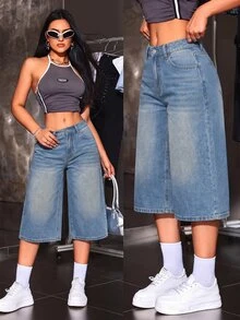 SHEIN ICON 女款時尚鈕扣口袋寬鬆牛仔七分褲 - 藍色 - 查看 1