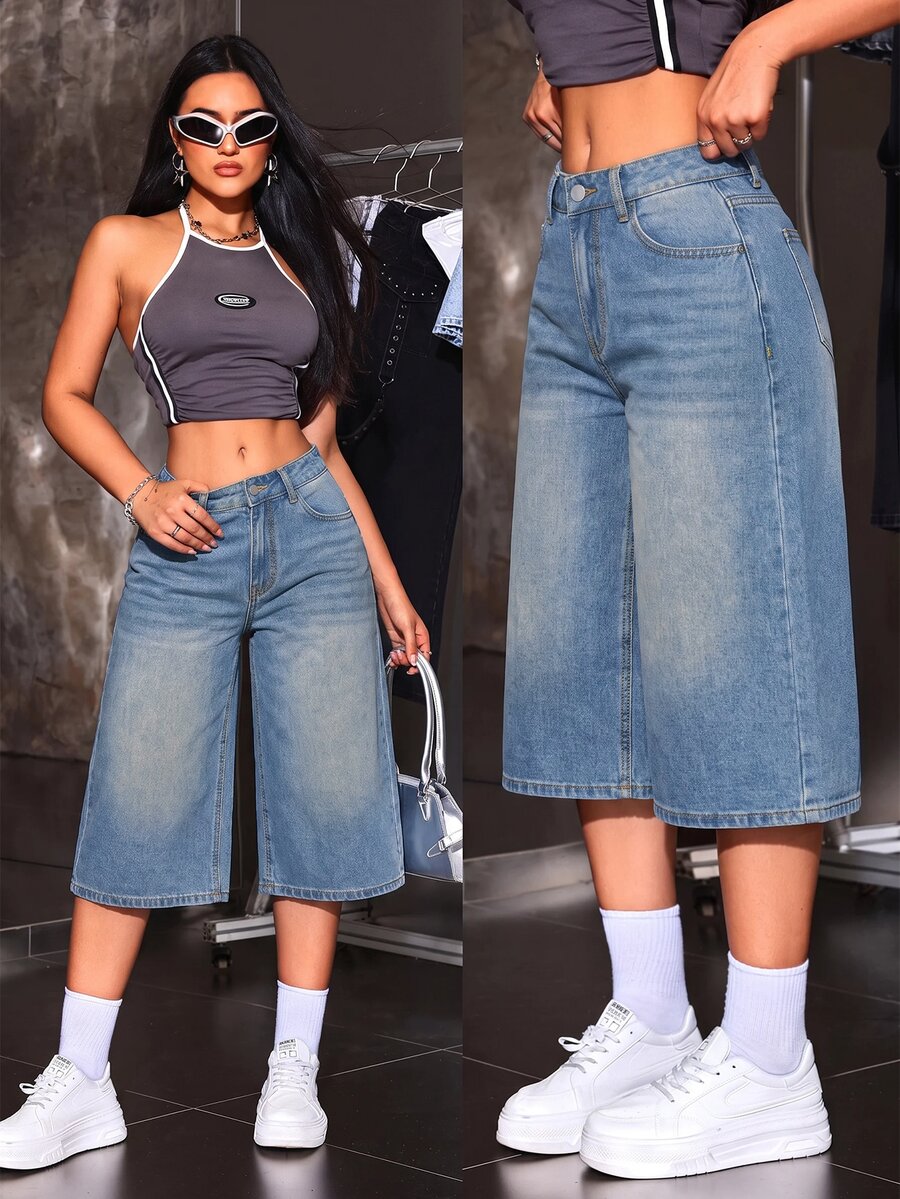 SHEIN ICON 女款時尚鈕扣口袋寬鬆牛仔七分褲 - 藍色 - 查看 1
