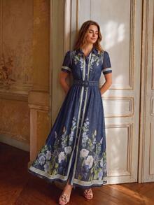 Anewsta Spring/Summer Navy Blue Premium Position Print Shirt-Style Tie-Front Short Sleeve Long Dress For Women - Navy Blue - View 7
