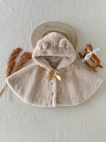 Souflis Souflis 1件女嬰可愛時尚復古卡其色長毛絨連帽披肩，蝴蝶結裝飾毛茸茸開襟短披肩外套，適合冬季日常外出、旅行、度假、派對等場合 - 卡其色 - 查看 2