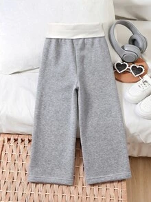 SHEIN Elladie kids 小女孩對比色腰帶麻灰色抓絨內裡寬腿運動褲休閒寬鬆保暖長褲 - 灰色 - 查看 2