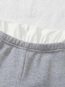 SHEIN Elladie kids 小女孩對比色腰帶麻灰色抓絨內裡寬腿運動褲休閒寬鬆保暖長褲 - 灰色 - 查看 3