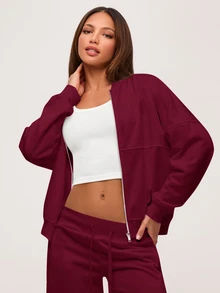 SHEIN BASICS 女款休閒純色針織立領長袖寬鬆外套，秋冬衣物 - 酒紅色 - 查看 1
