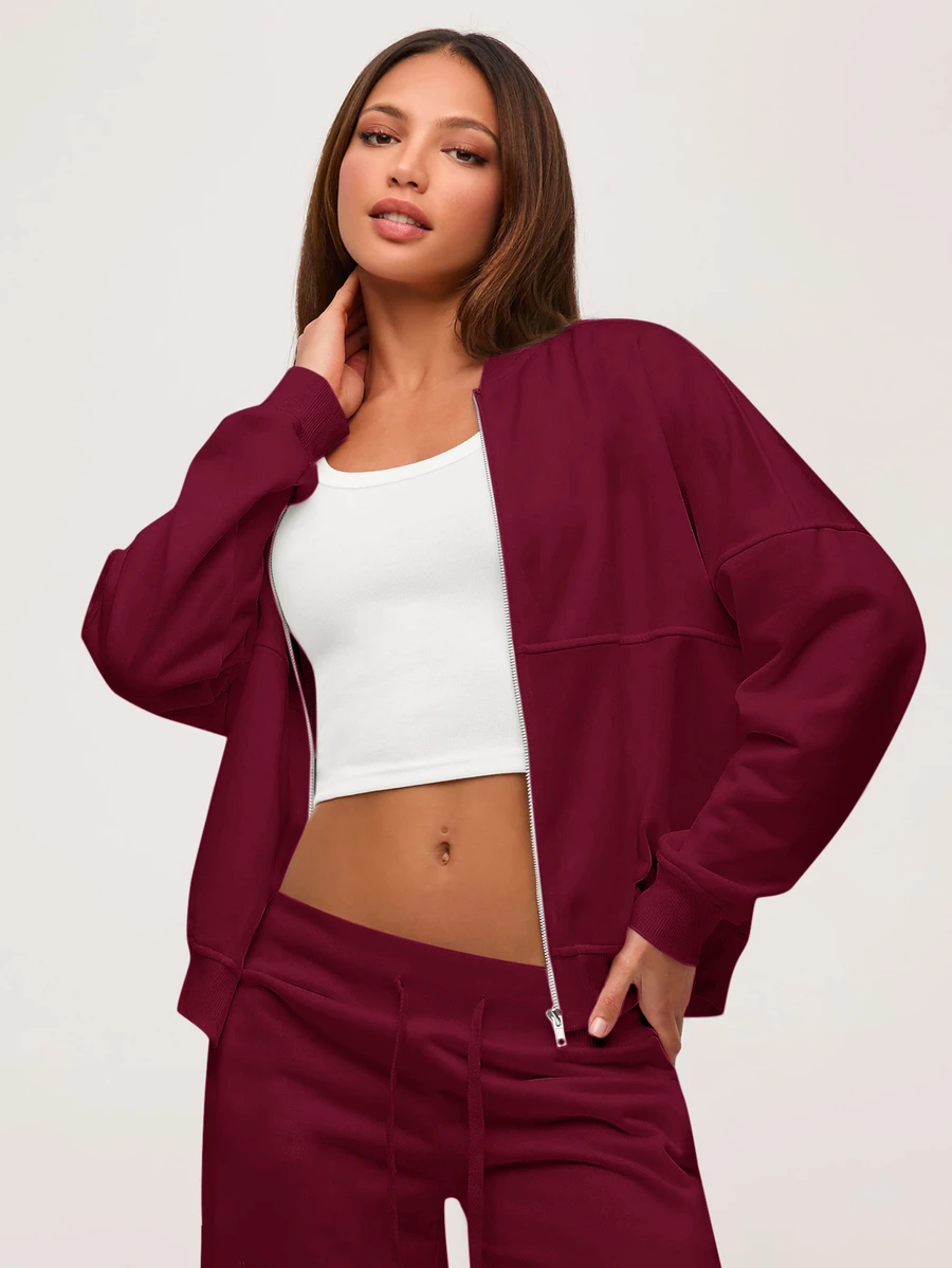 SHEIN BASICS 女款休閒純色針織立領長袖寬鬆外套,秋冬衣物 - 酒紅色 - 查看 1