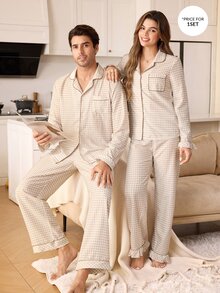 CoupledUp Set Pakaian Santai Pria Lengan Panjang dengan Kerah Bermotif Kotak-kotak dan Celana Panjang - MultiWarna - View 1