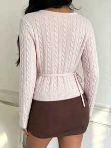 Autumina Pink Cable Knit V-Neck Tie-Front Fashion Simple Versatile Commute Elegant Cardigan For Women - Baby Pink - View 2