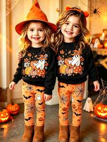 Oo Cute To Spook 嬰兒女童萬聖節套裝，可愛幽靈與南瓜印花衛衣與蜘蛛網圖案內搭褲套裝（2件組），秋季服飾系列 - 彩色 - 查看 1