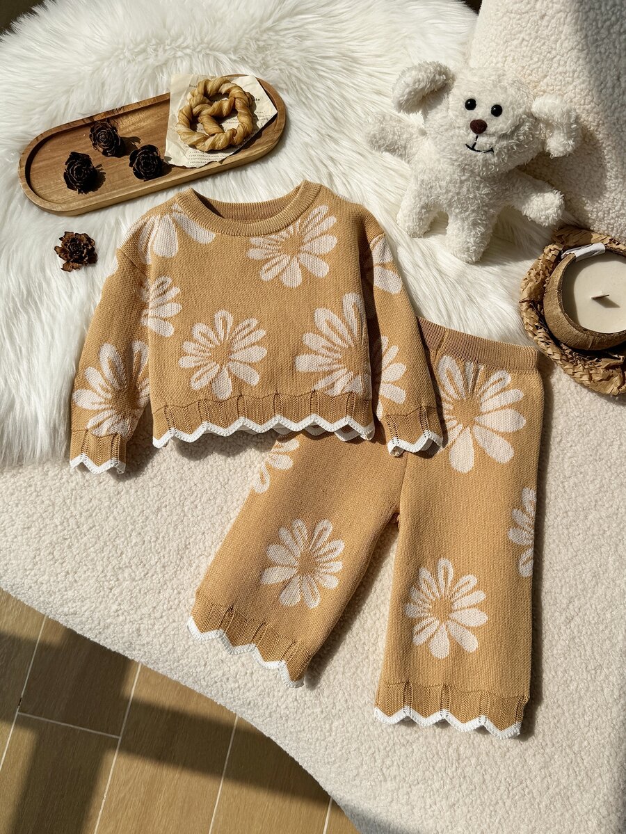SHEIN 女嬰秋冬花卉提花針織套頭毛衣套裝 - 卡其色 - 查看 1