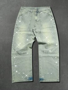 Manfinity EMRG Men's Streetwear Retro Washed Rhinestone Design Straight Leg Denim Jeans - Light Wash - View 1