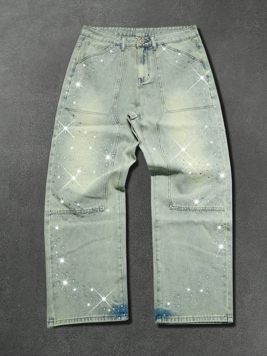 Manfinity EMRG Men's Streetwear Retro Washed Rhinestone Design Straight Leg Denim Jeans - Light Wash - View 1