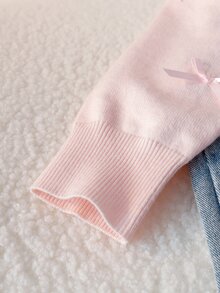 SHEIN 8-12歲女孩淺粉色圓領寬鬆落肩短版針織毛衣，滿版3D緞面蝴蝶結裝飾長袖套頭上衣，柔軟甜美，適合校園、外出、拍照，春秋穿著 - 粉色 - 查看 7