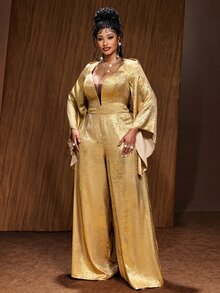 Maweii Plus Size Women's Metallic Texture Bell Sleeve Wide Leg Jumpsuit - Gold - View 4