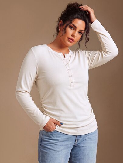 Rosumi Plus Size Women's Solid Color Long Sleeve Button Half-Placket Casual T-Shirt