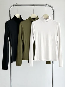 SHEIN BASICS 3件組純色針織小高領直肩長袖修身女款內搭上衣 - 彩色 - 查看 1