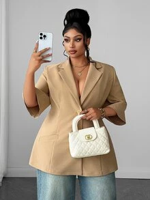 Maweii Plus Size Women's 5-Sleeve Metal Button Blazer - Khaki - View 4