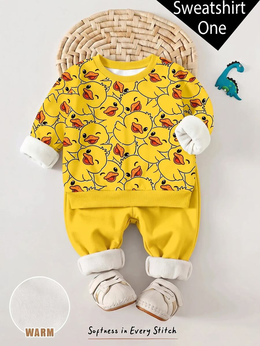 Baby Boys Round Neck Casual Pullover Sweatshirt, Classic Cute Little Duck Pattern Print, Suitable For Autumn/Winter, Suitable For Socializing - Multicolor - View 1