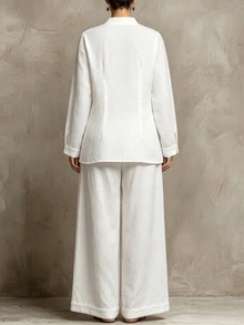 SHEIN Set Pakaian Wanita Gaya Retro Cina Terbaru dengan Kancing Katak / Atasan Berkerah Diagonal Bertekstur dengan Leher V & Celana Panjang Lebar Berlipit Kasual Minimalis 2 Potong - Putih - View 2
