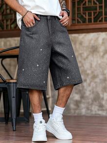 Manfinity EMRG Men's Loose Fit Rhinestone Embellished Denim Wide Leg Shorts With Pockets - Light Grey - View 5