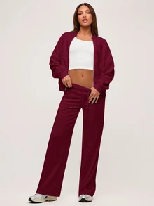 SHEIN BASICS 女款休閒純色針織立領長袖寬鬆外套，秋冬衣物 - 酒紅色 - 查看 7